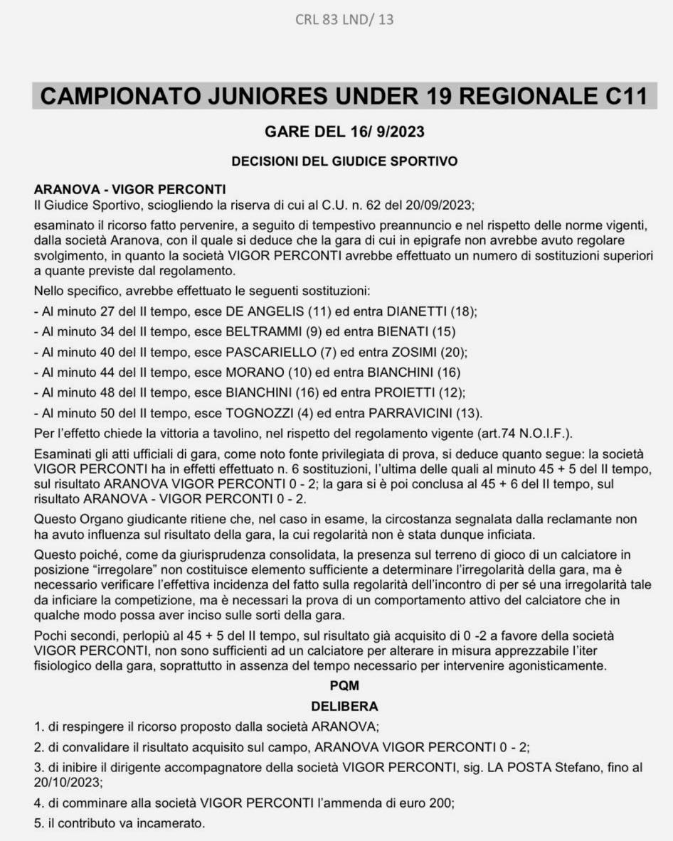 Decisione Giudice Sportivo